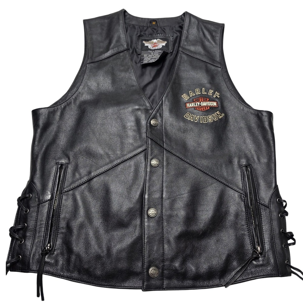 Harley-Davidson Mens Black Leather Lace Up Motorcycle Vest Embroidered Size M